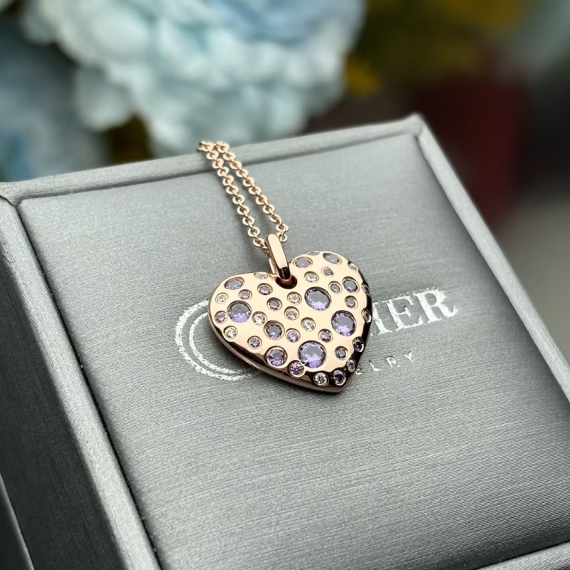 Pink&Amethyst&Diamond Heart Pendant Necklace