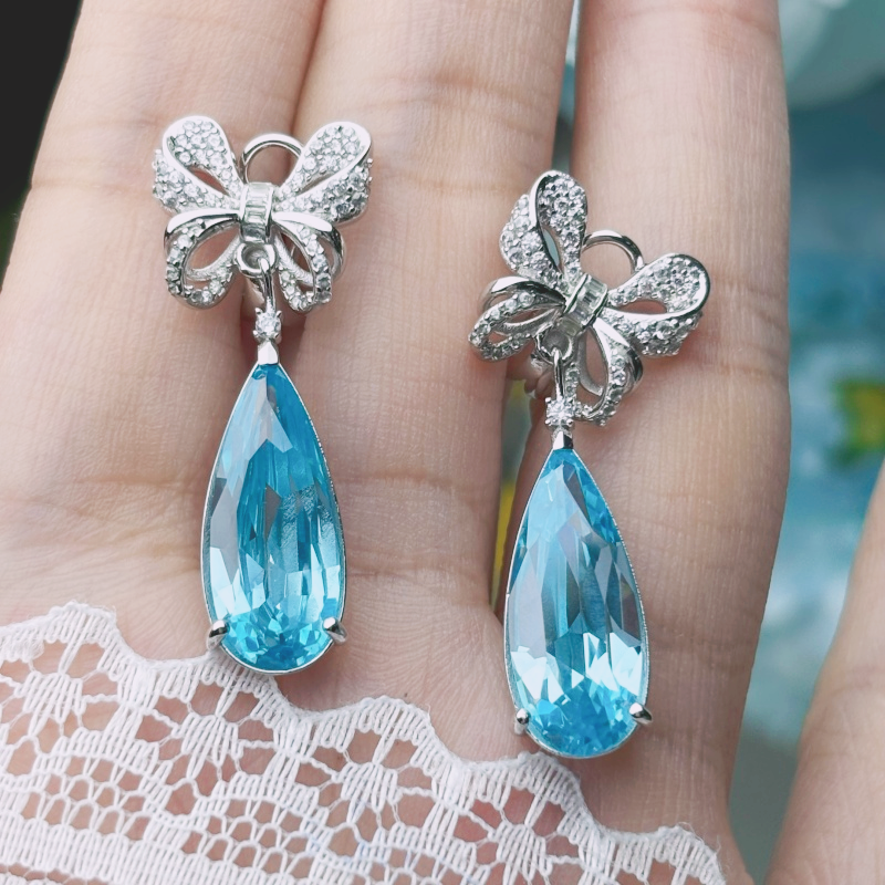 Original Design - Pear Cut Aquamarine Sapphire Butterfly Dangle Earrings