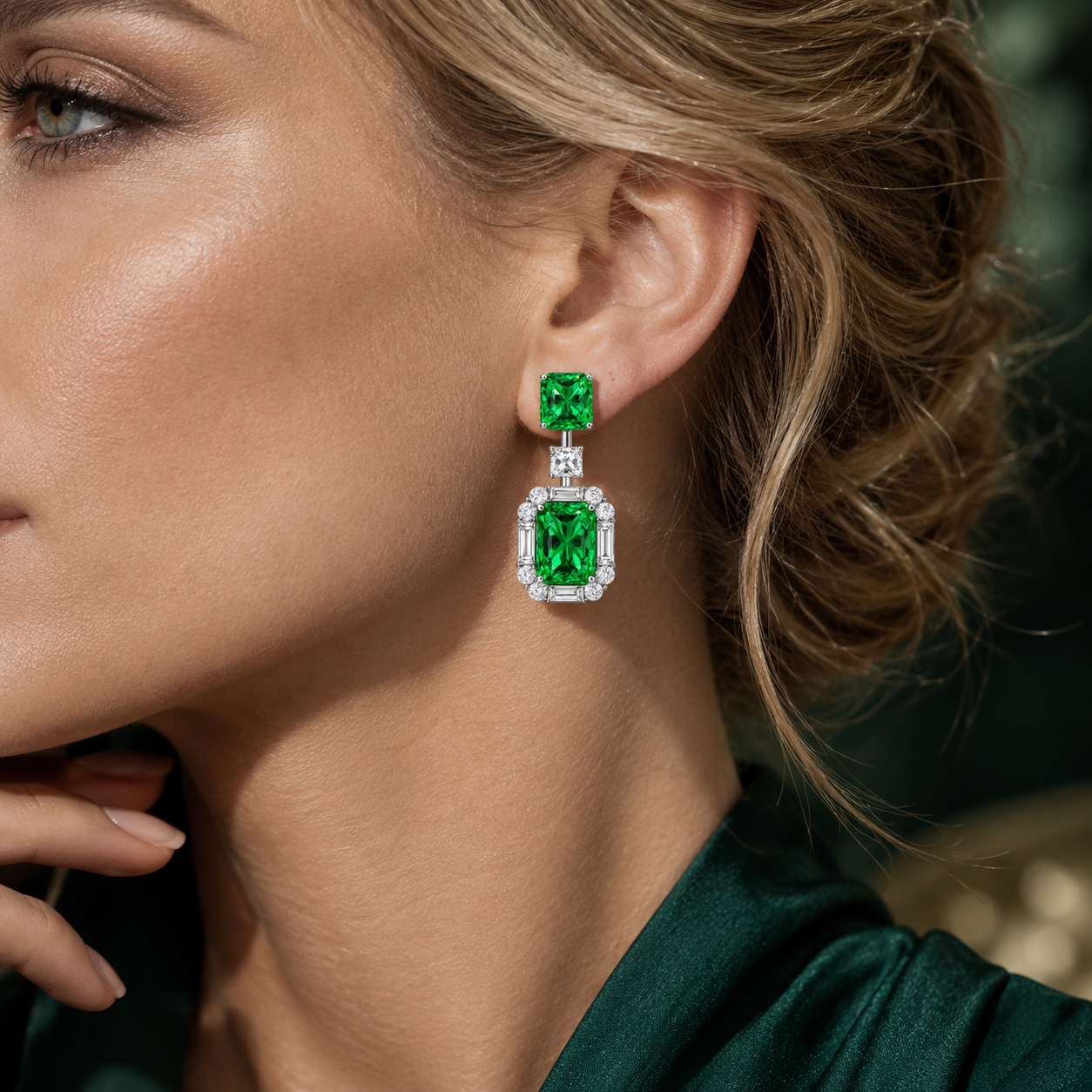 Original Design - Radiant Cut Emerald Sapphire Dangle Earrings