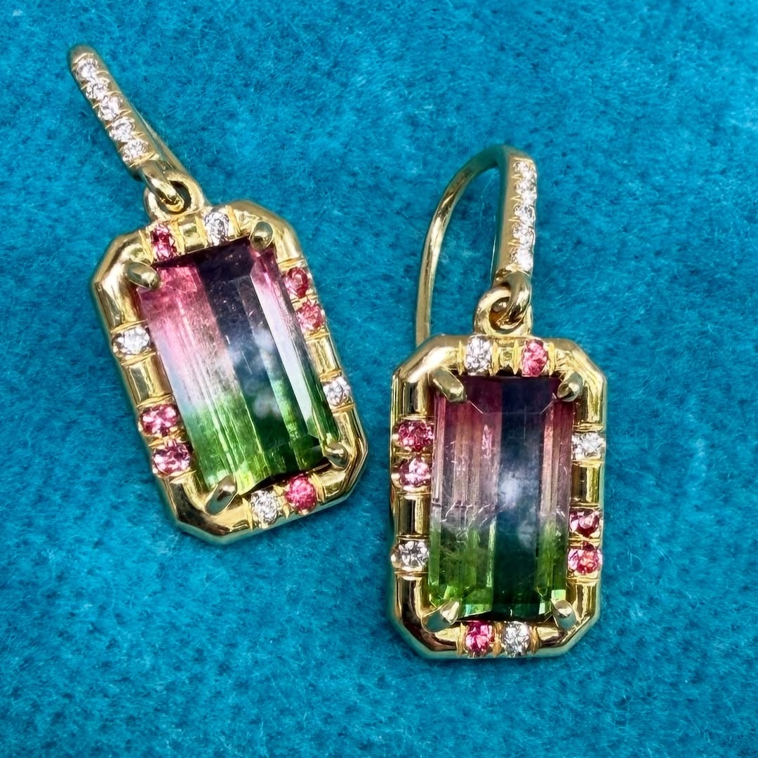 Watermelon Tourmaline Golden Color Earrings