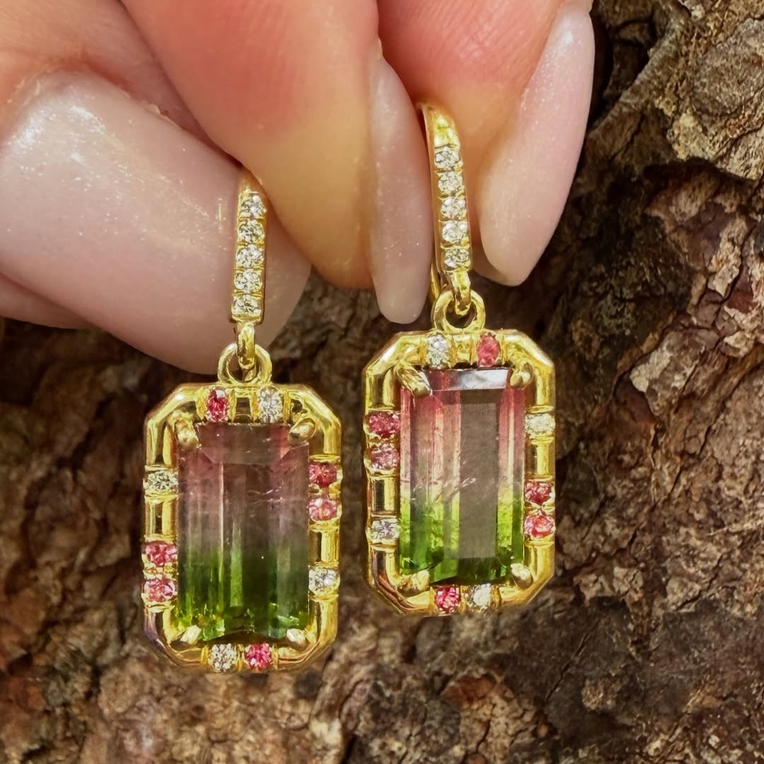Watermelon Tourmaline Golden Color Earrings