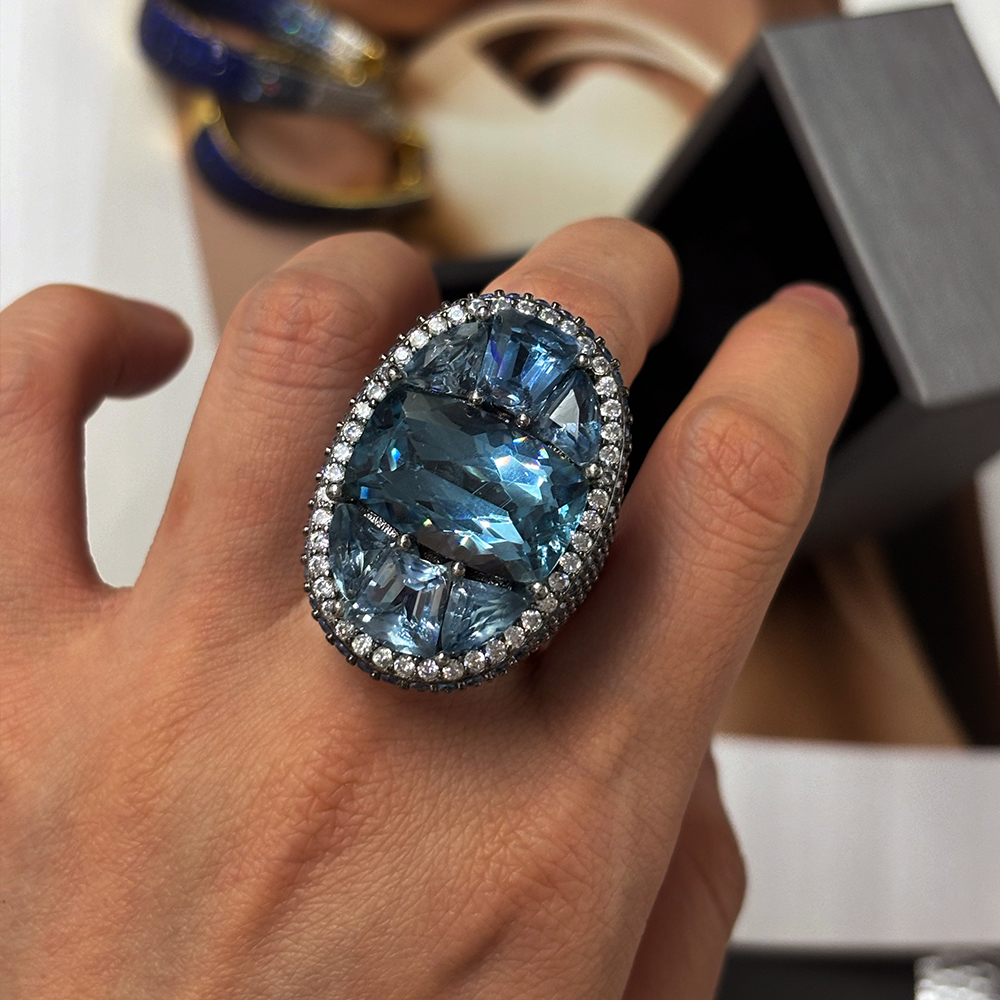 Gradient Sapphire Earrings & Aquamarine Ring Jewelry Set/2pcs