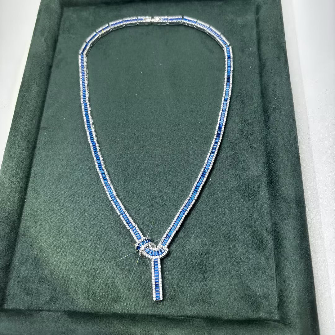 Fashion Baguette Cut Blue / Green Sapphire Tight Knot Necklace(2 Color Options)