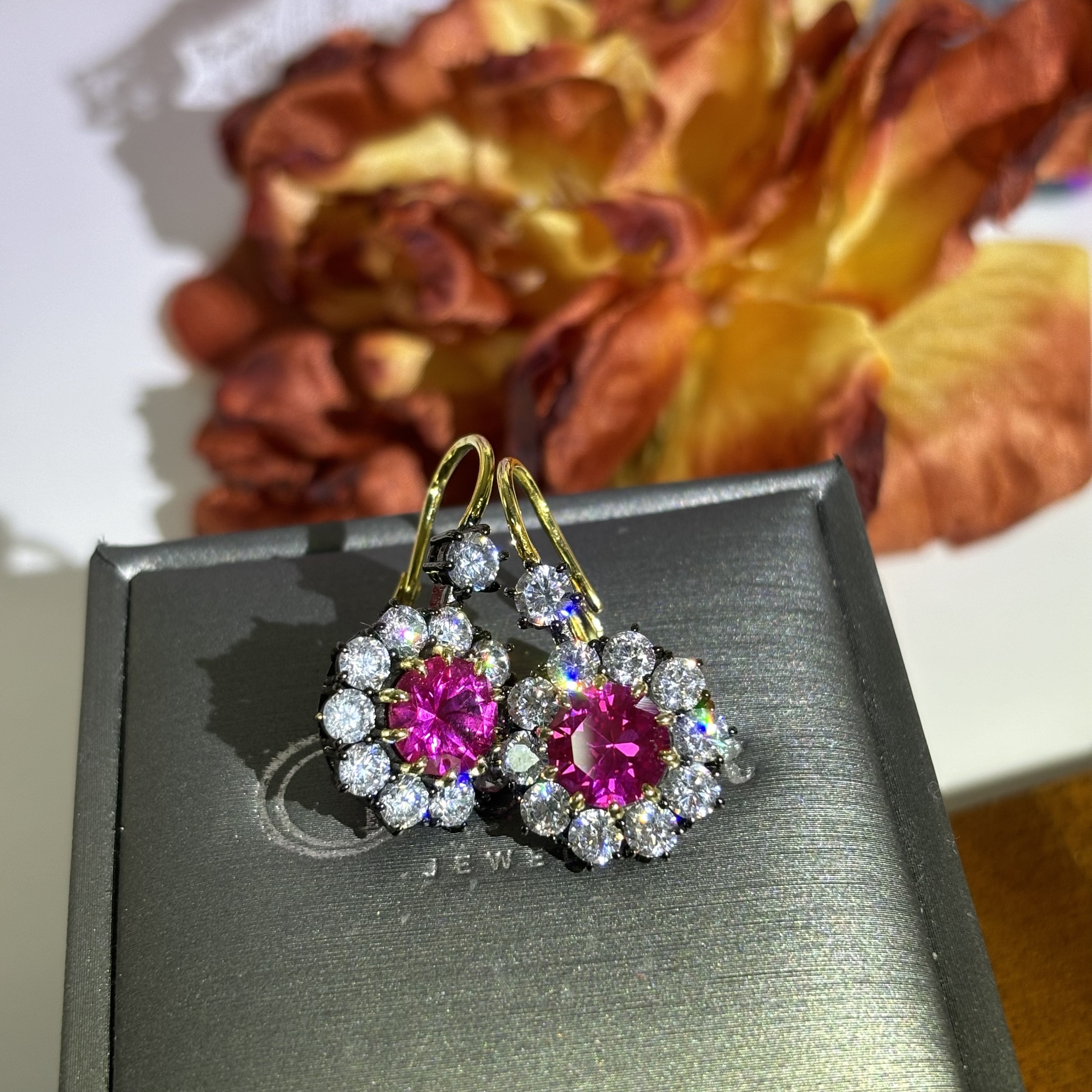 Round Cut Ruby Sapphire Cluster Earrings
