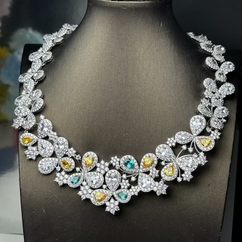 Floral Cluster White Sapphire & Multi-Color Sapphire Pear Cut Statement Choker