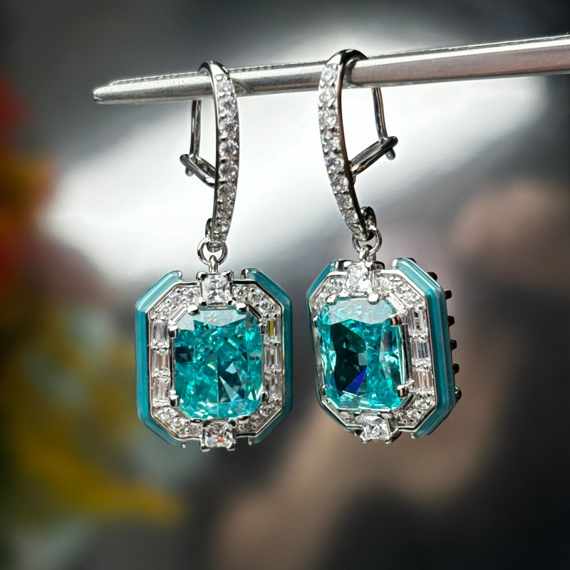 Emerald Cut Paraiba Tourmaline & White Sapphire Drop Earrings