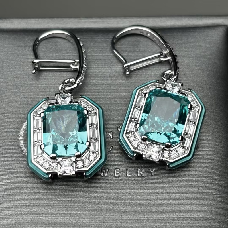 Emerald Cut Paraiba Tourmaline & White Sapphire Drop Earrings