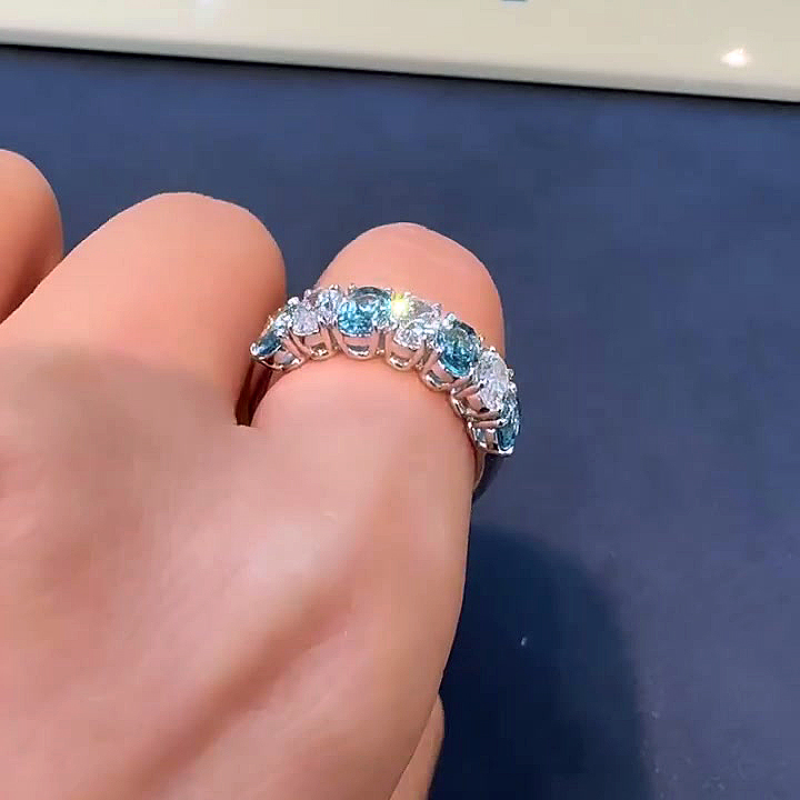 3.5ct Seven-Stone Oval Cut Aquamarine Sapphire Eternity Ring