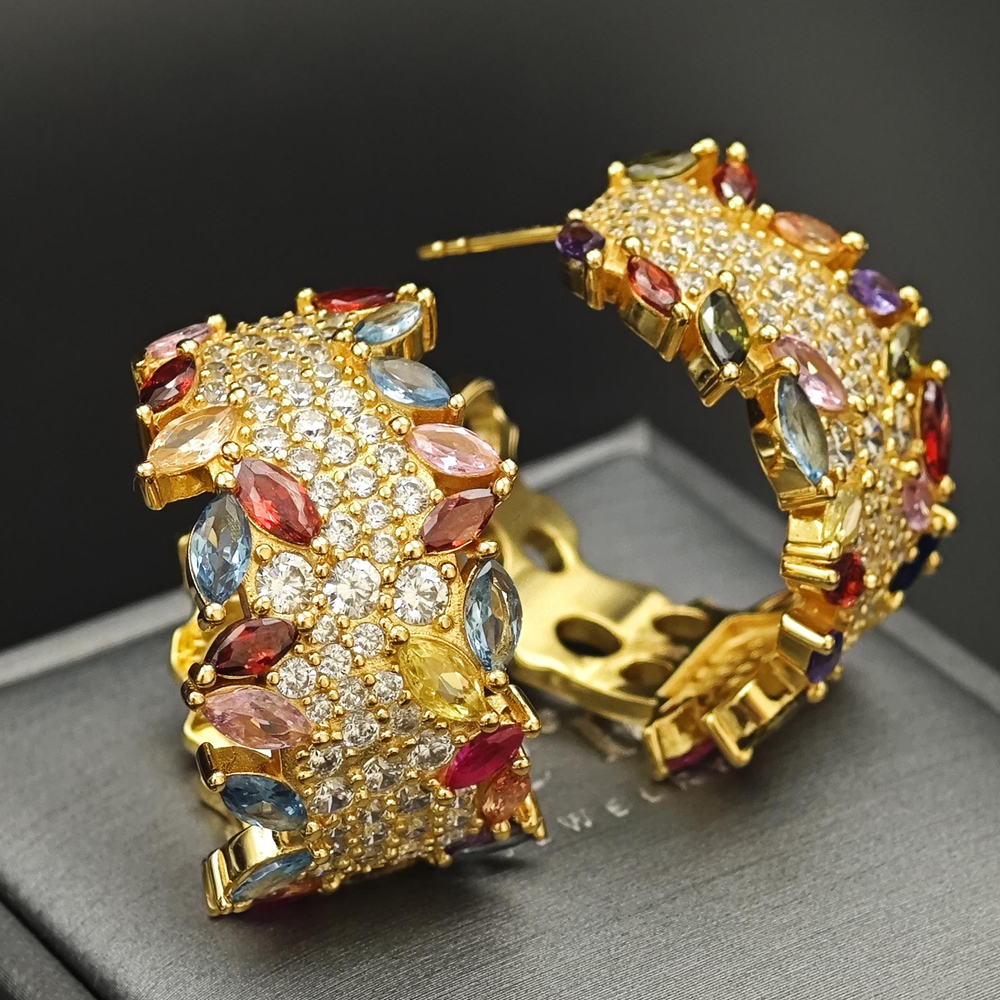 Marquise&Round Cut Rainbow Sapphire Diamond Hoop Earrings