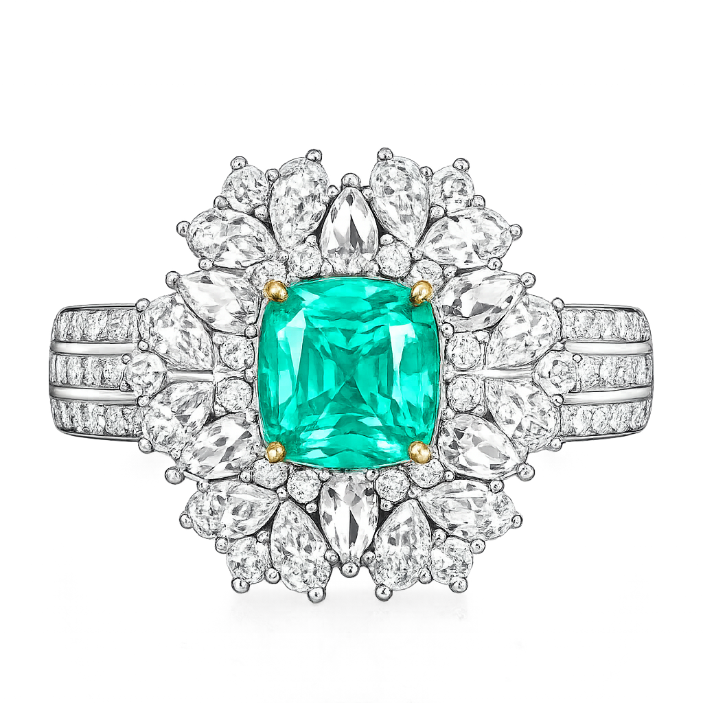 Original Design - Cushion Cut Paraiba Bluish & White Moissanite Engagement Ring