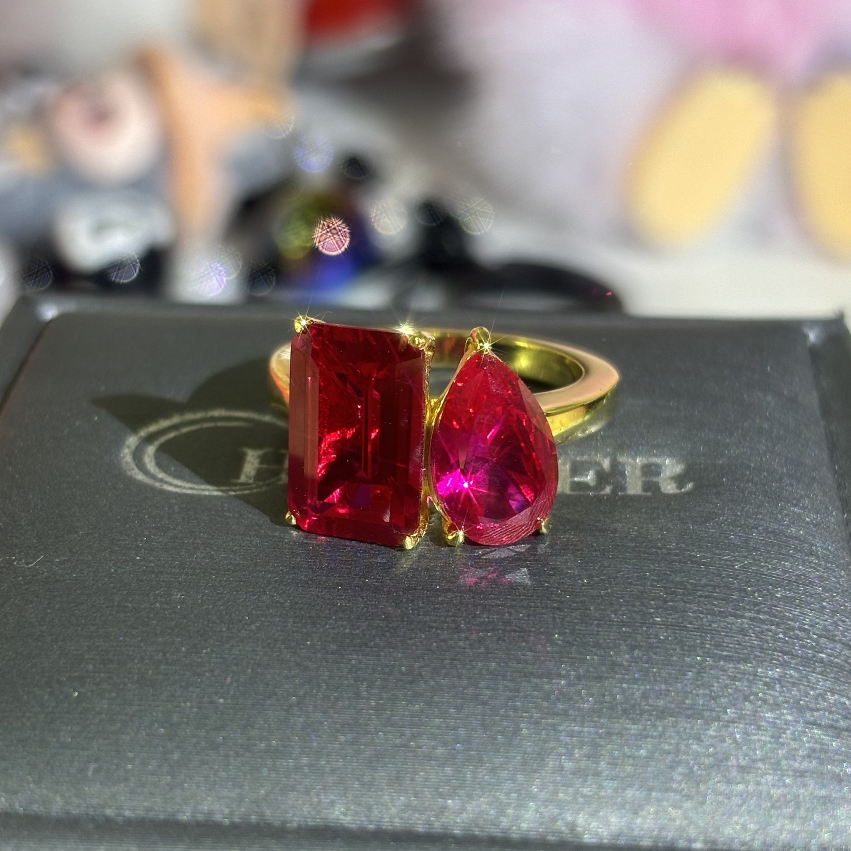 Toi et Moi 7ct Emerald&Pear Cut Ruby Sapphire Engagement Ring