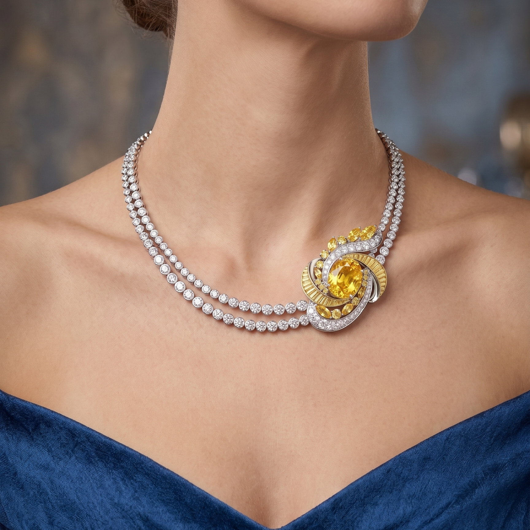 Original Design -  Oval Cut Yellow Sapphire & White Moissanite Necklace
