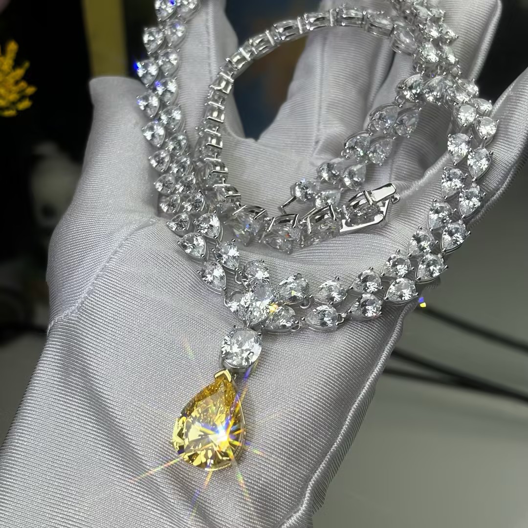 Two Tone Pear Cut Yellow & Two Row White Sapphire Occasion Necklace