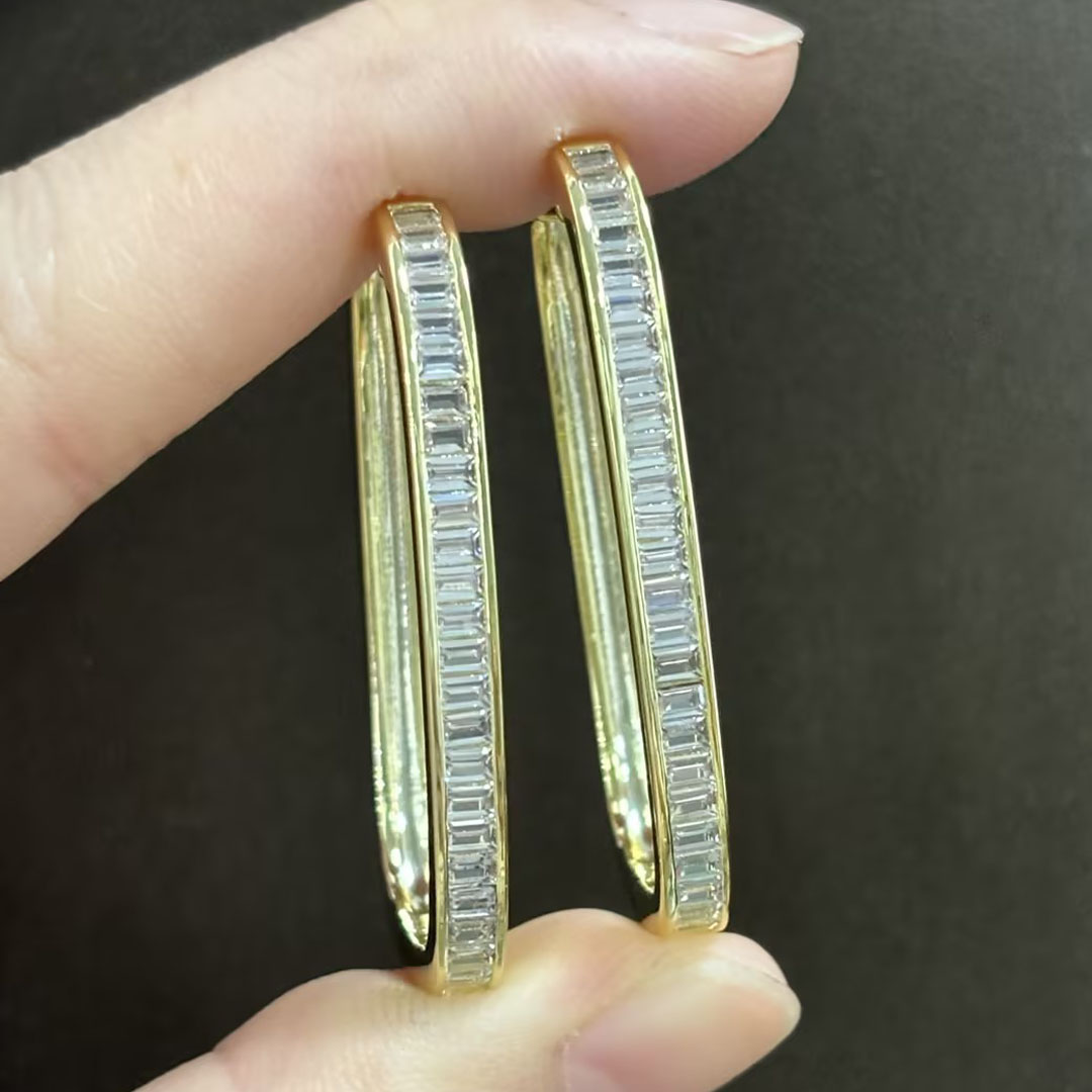 Emerald&Trapezoid Cut White Sapphire Hoop Earrings