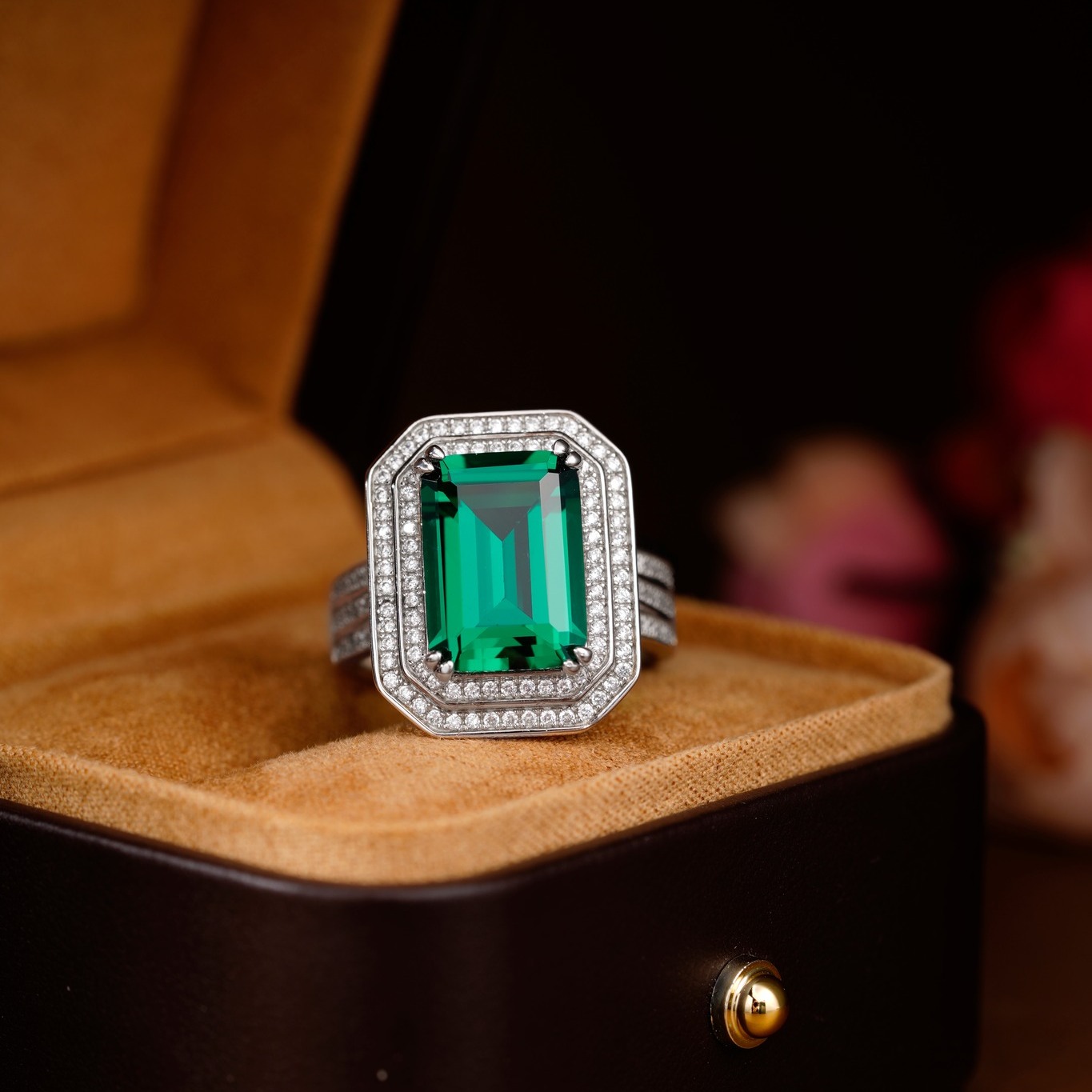 10ct Double Halo Emerald Cut Emerald Sapphire Engagement Ring
