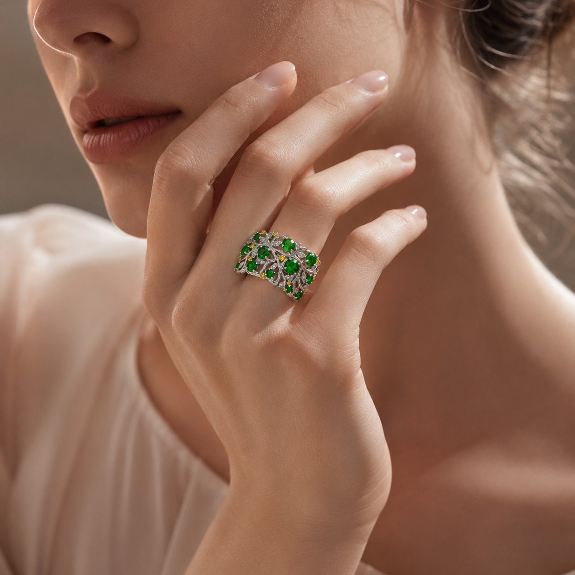 Original Design - Round Cut Tsavorite Nature Inspired Band