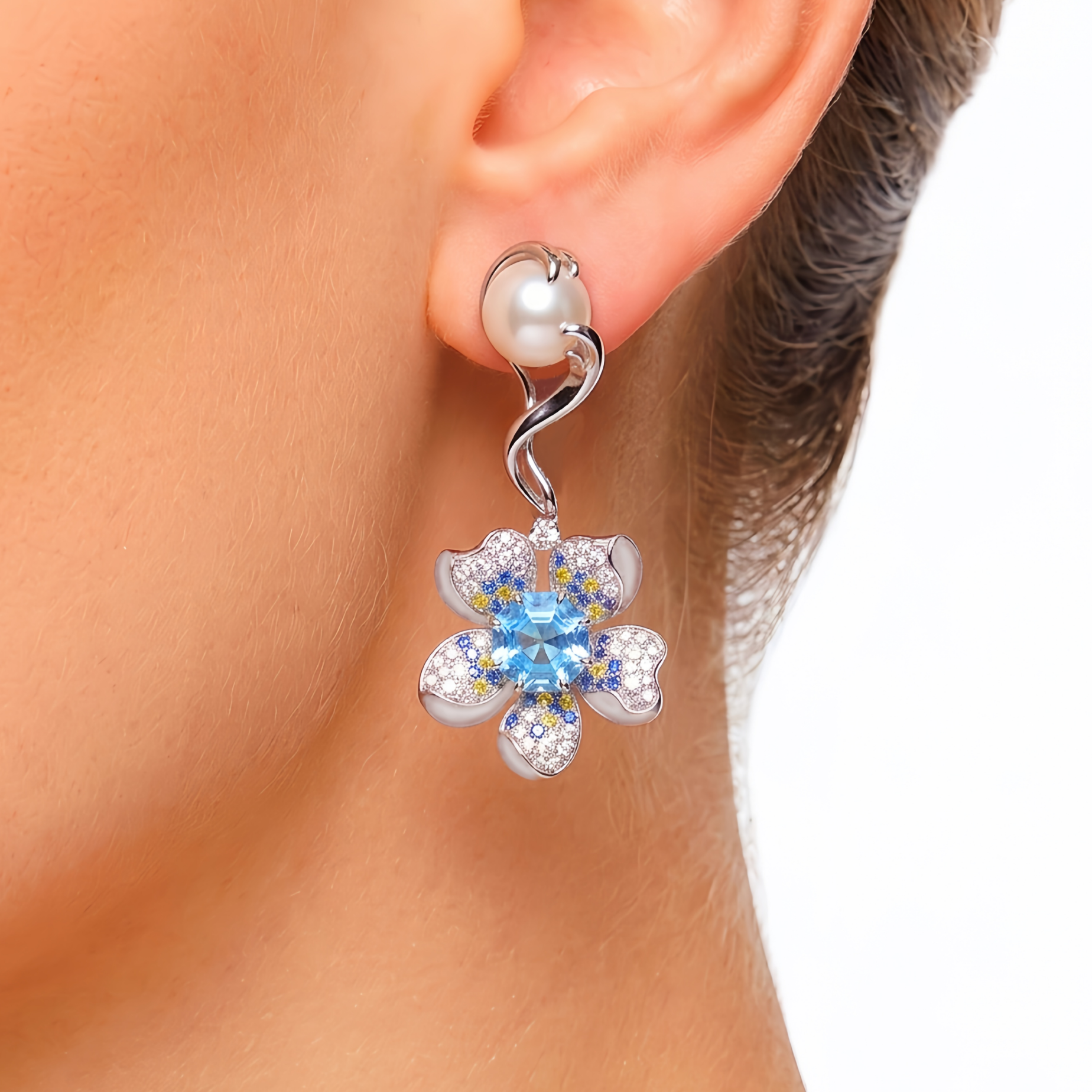 Original Design - Rose Cut Aquamarine Sapphire Flowers Dangle Earrings