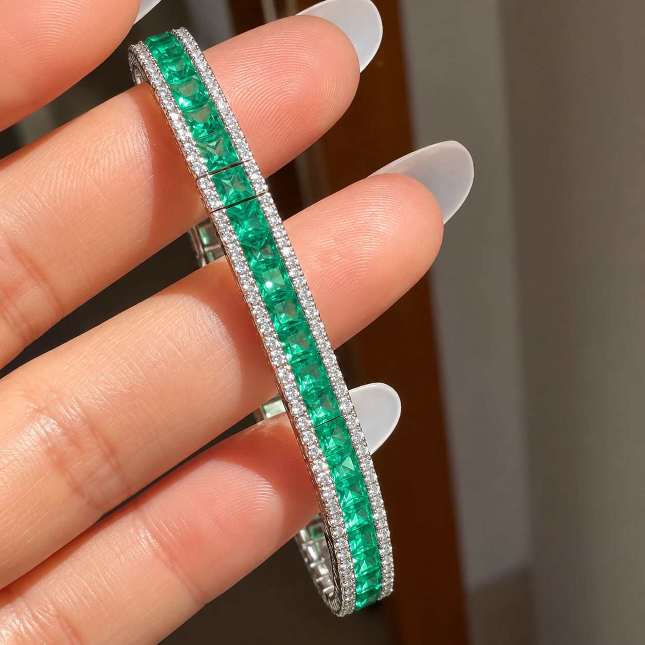 Emerald Green Princess Cut Double Row Pavé Tennis Bangle Bracelet