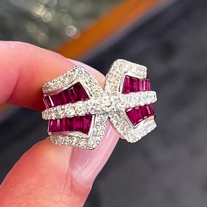 3.25ct Two Tone Baguette&Round Cut Ruby&Diamond Wedding Band