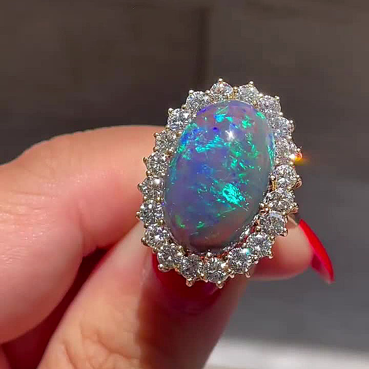 7ct Halo Oval Cut Black Opal Sapphire Engagement Ring