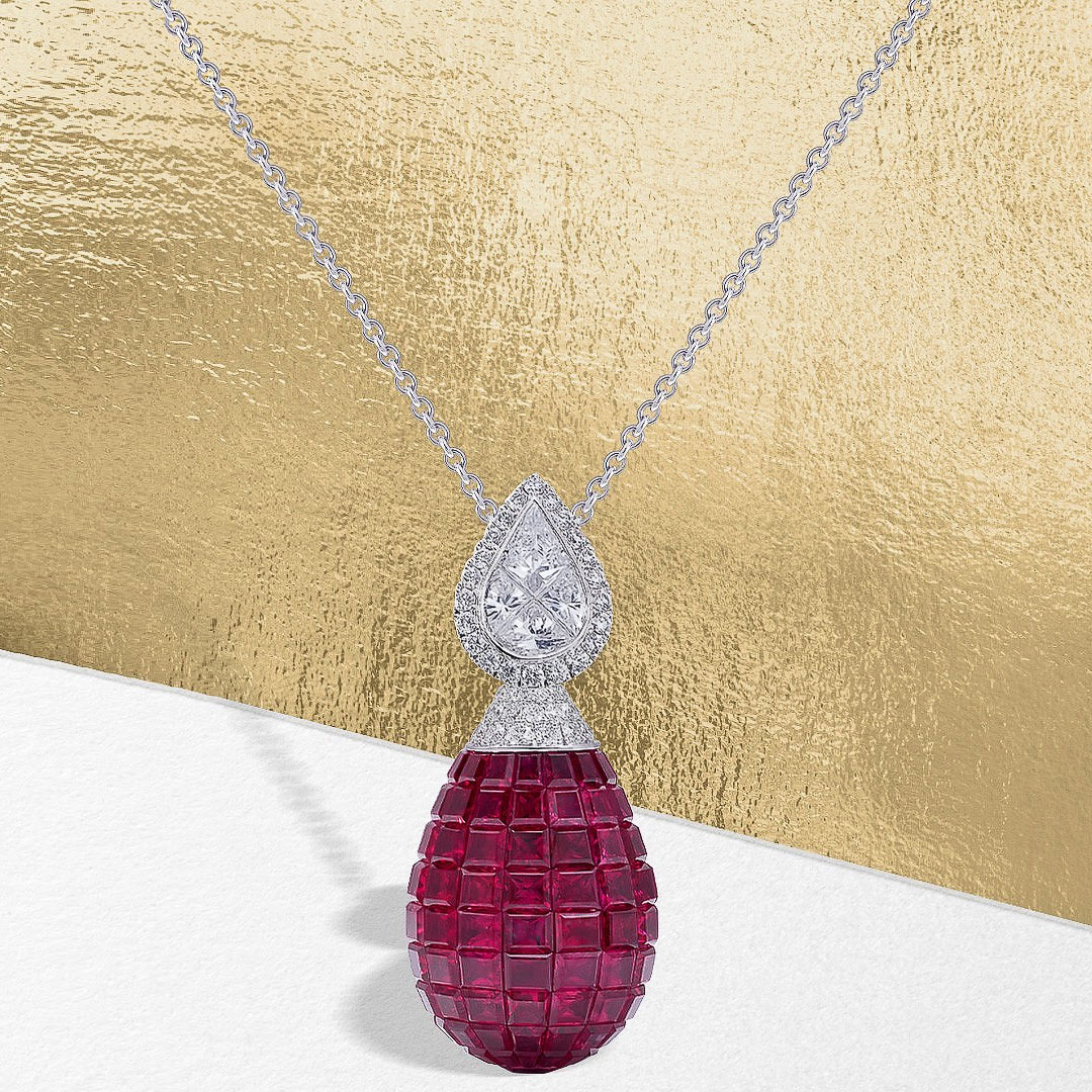 Invisible Setting Ruby&Diamond Egg Pendant Necklace