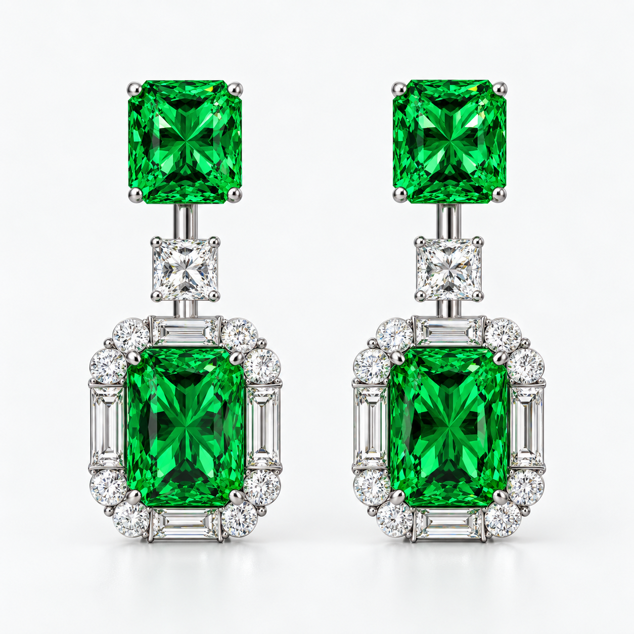Original Design - Radiant Cut Emerald Sapphire Dangle Earrings
