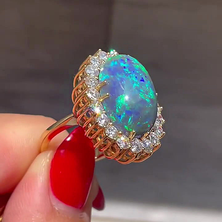 7ct Halo Oval Cut Black Opal Sapphire Engagement Ring