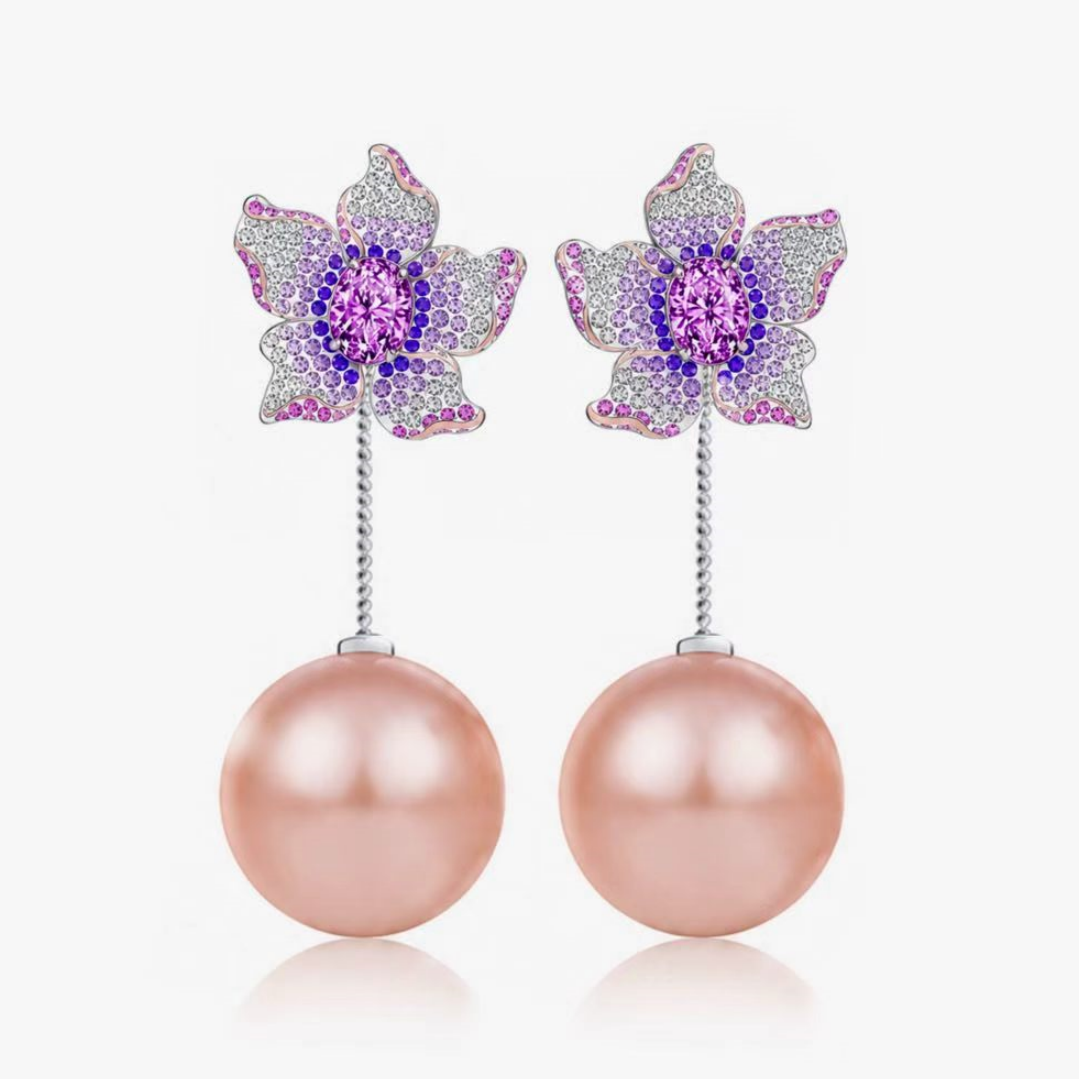 Original Design - Oval Cut Amethyst Sapphire & Fresh Water Pearl Dangle Earrings