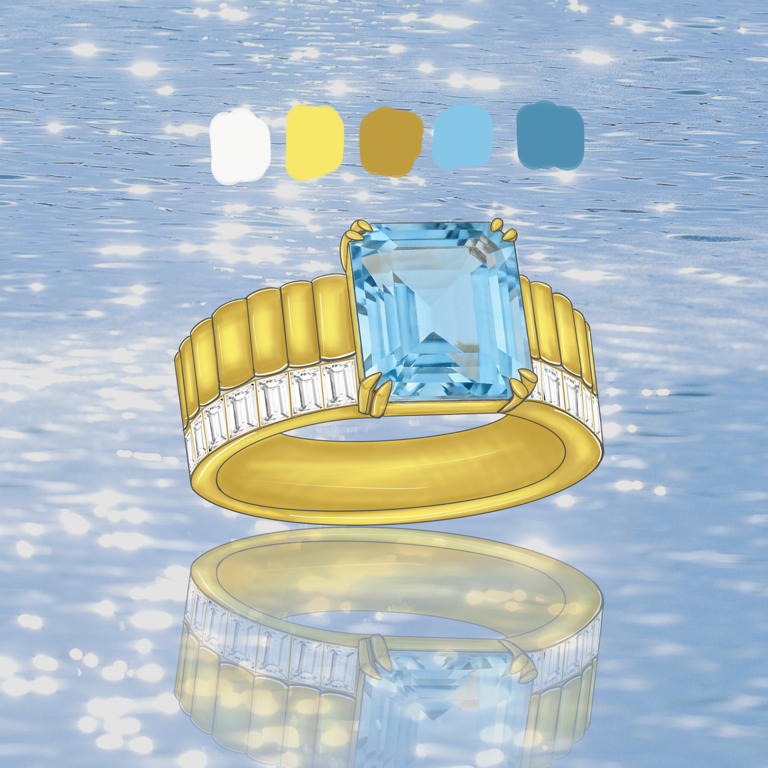 Original Design - 3ct Emerald Cut Emerald and Aquamarine Sapphire Engagement Ring