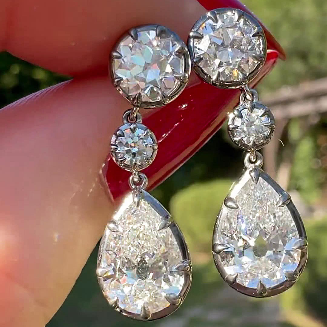 Art Deco Round&Pear Cut White Sapphire Drop Earrings