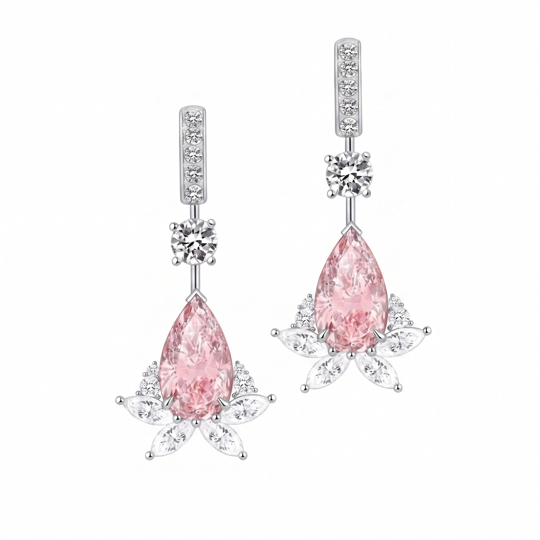 Original Design - Pear Cut Pink Sapphire & White Moissanite Dangle Earrings