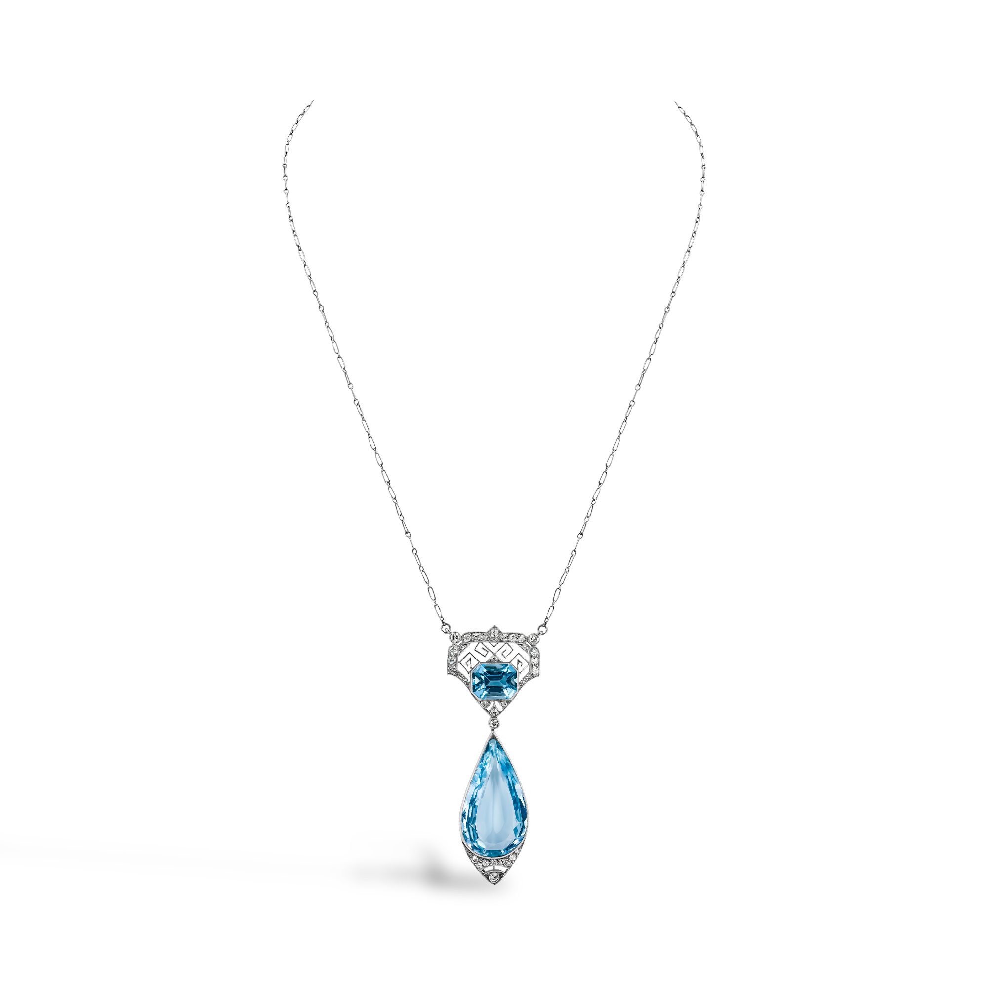 Art Deco Pear Cut Aquamarine Sapphire Pendant Necklace
