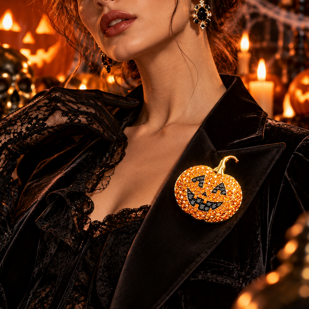 Original Design - Hallowmas Round Cut Orange Sapphire Pumpkin Brooch
