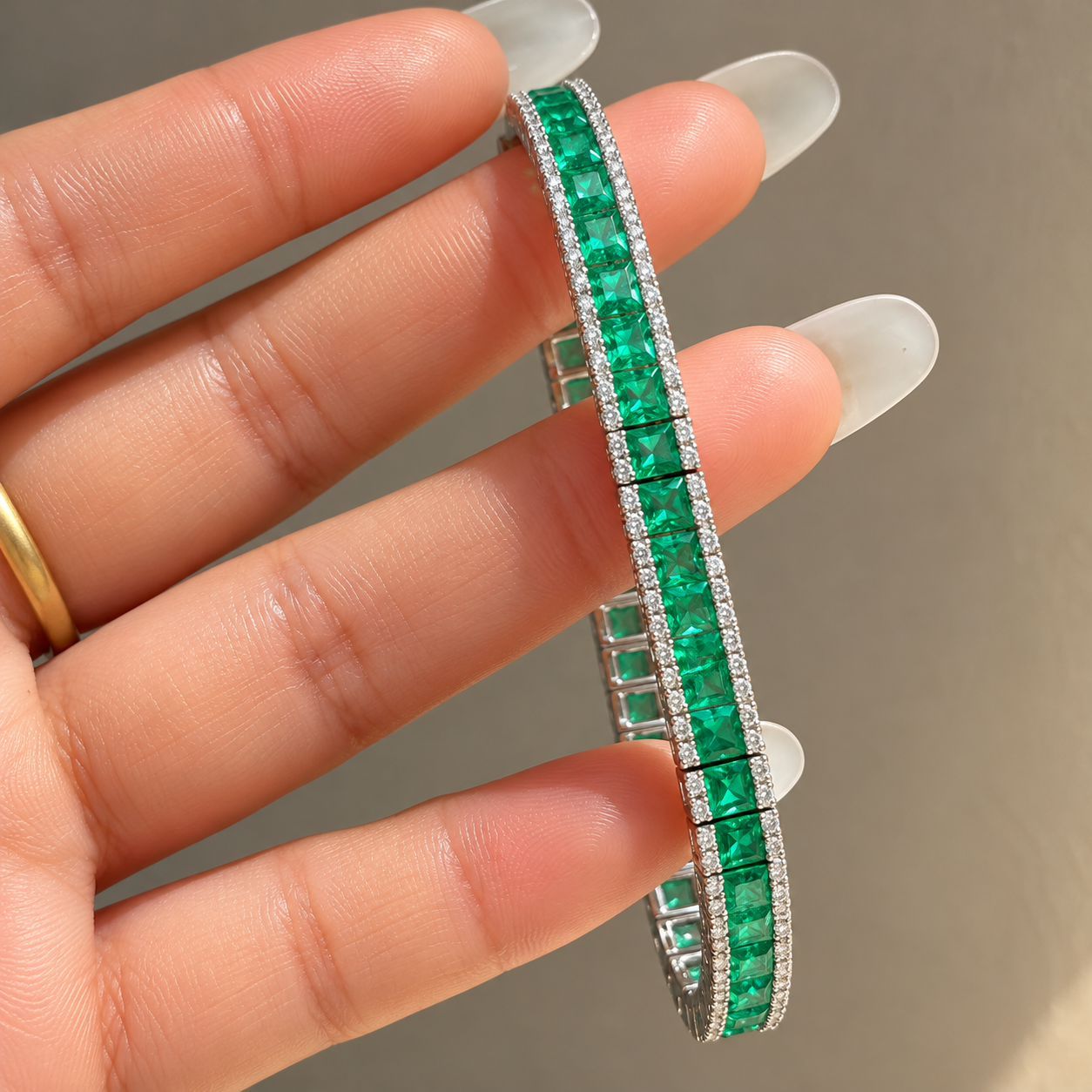 Emerald Green Princess Cut Double Row Pavé Tennis Bangle Bracelet