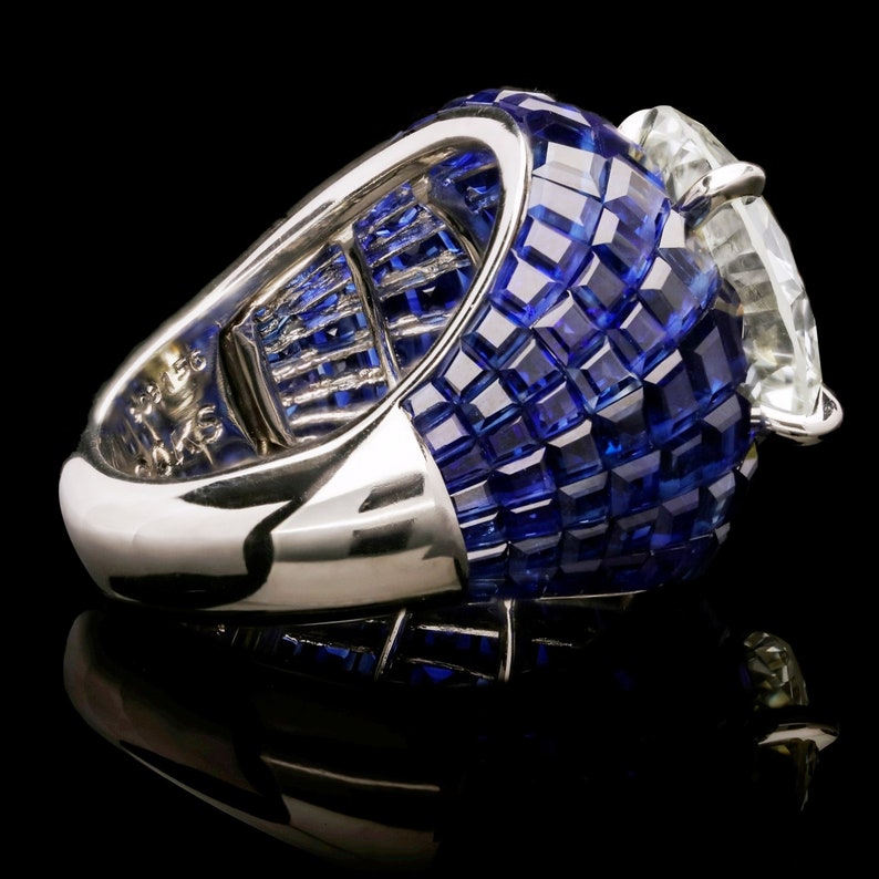 3ct Invisibile Setting Round Cut Blue Sapphire Cocktail Ring