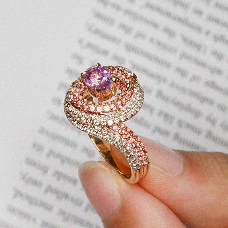 4ct Bypass Design Halo Oval Cut Pink Sapphire Ring