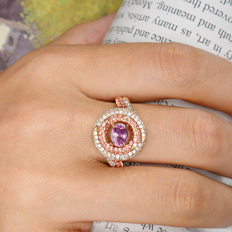 4ct Bypass Design Halo Oval Cut Pink Sapphire Ring