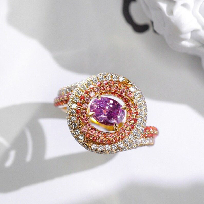 4ct Bypass Design Halo Oval Cut Pink Sapphire Ring