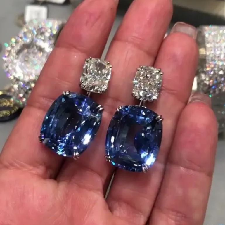 Cushion Cut Two-Tone Blue & White Sapphire Occasion Drop Earrings -1 Pair