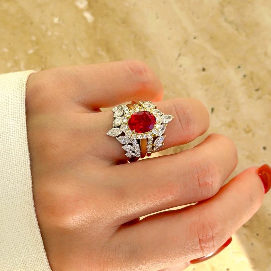 Halo 4ct Oval Cut Ruby Sapphire Wedding Set/4pcs