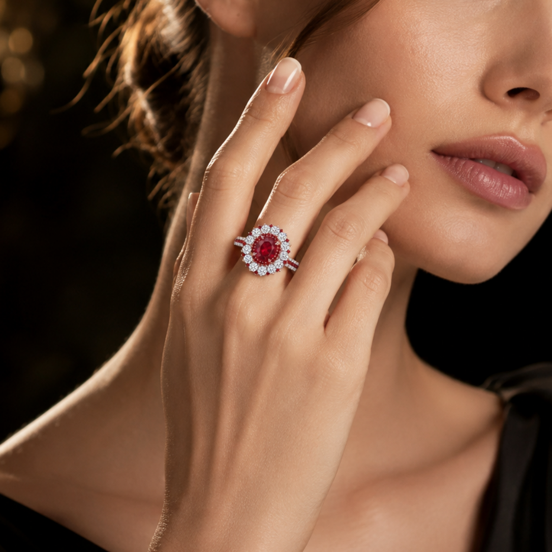 Original Design - 3ct Oval Cut Ruby Sapphire & White Moissanite Engagement Ring