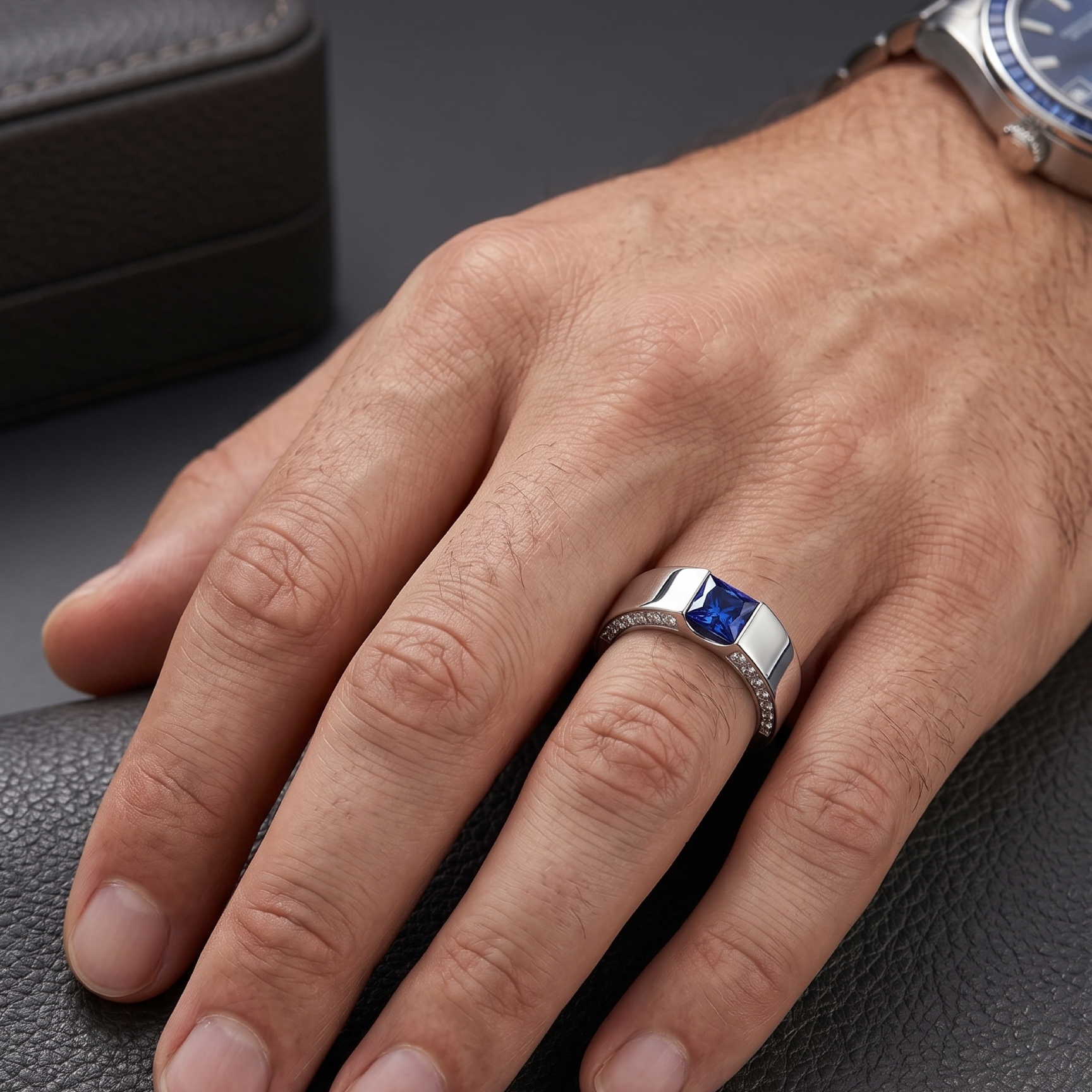 Original Design - 3ct Princess Cut Blue Sapphire & Moissanite Men's Engagement Ring