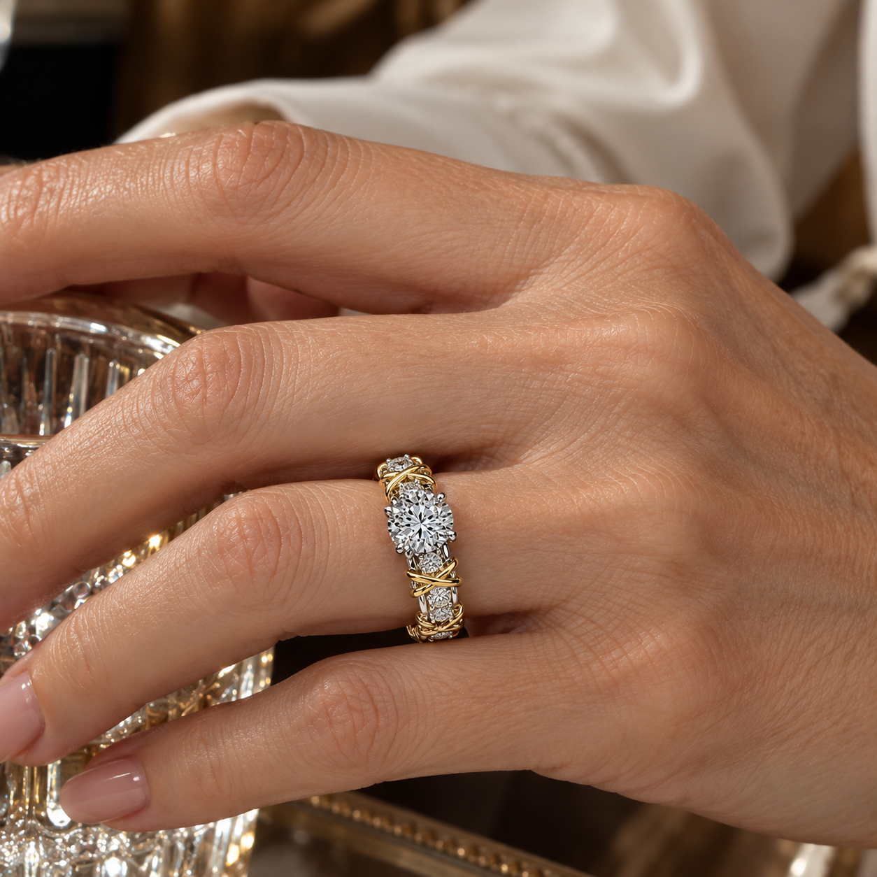 Two Tone Round Cut Criss Cross X Design Engagement Ring