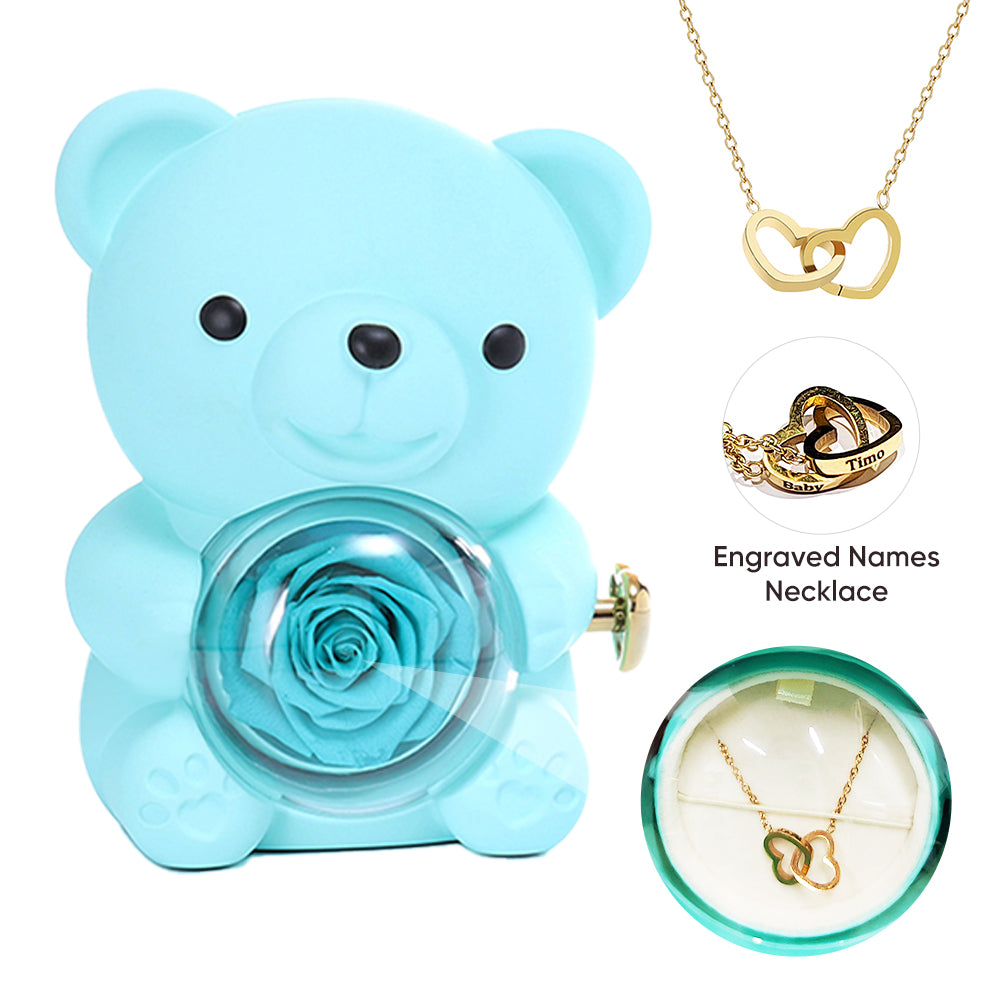 Light blue Hug Bear Preserved Flower Jewelry Box