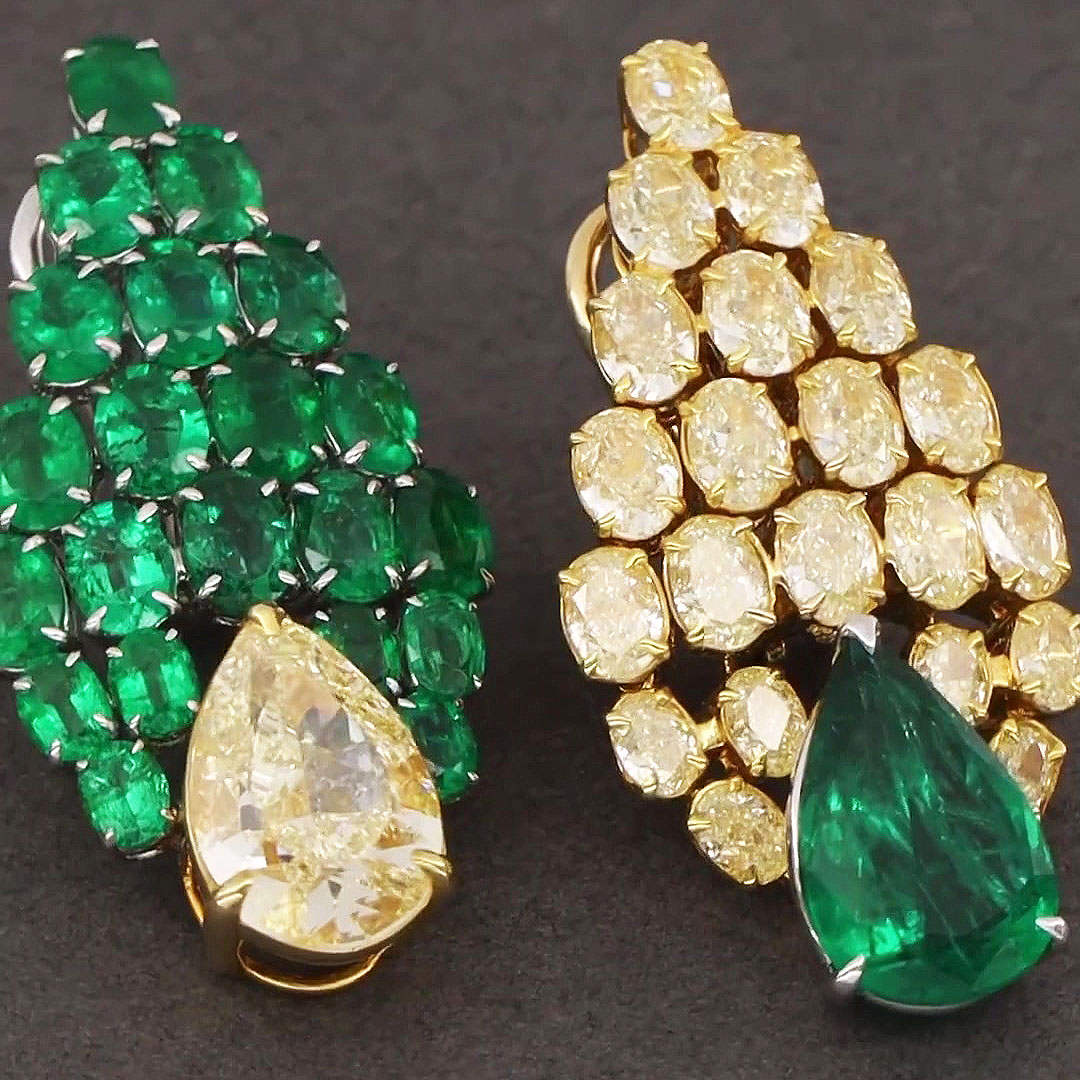 Art Deco Pear And Oval Cut Emerald&Yellow Sapphire Earrings