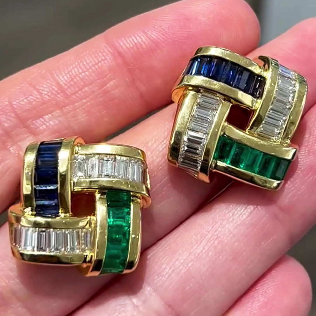 Emerald Cut Three-tone Weave Stud Earrings