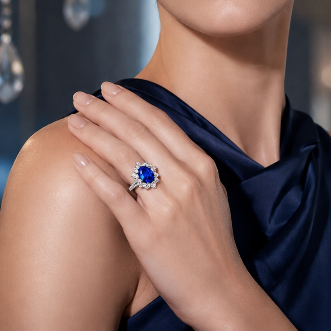 Original Design - 3ct Oval Cut Blue Sapphire & Moissanite Engagement Ring