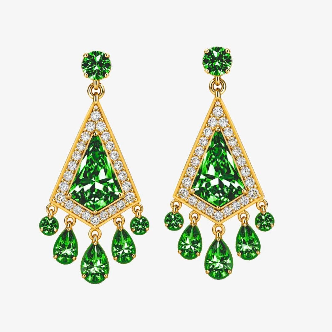 Original Design - Shield Cut Tsavorite Sapphire Dangle Earrings-1 Pair