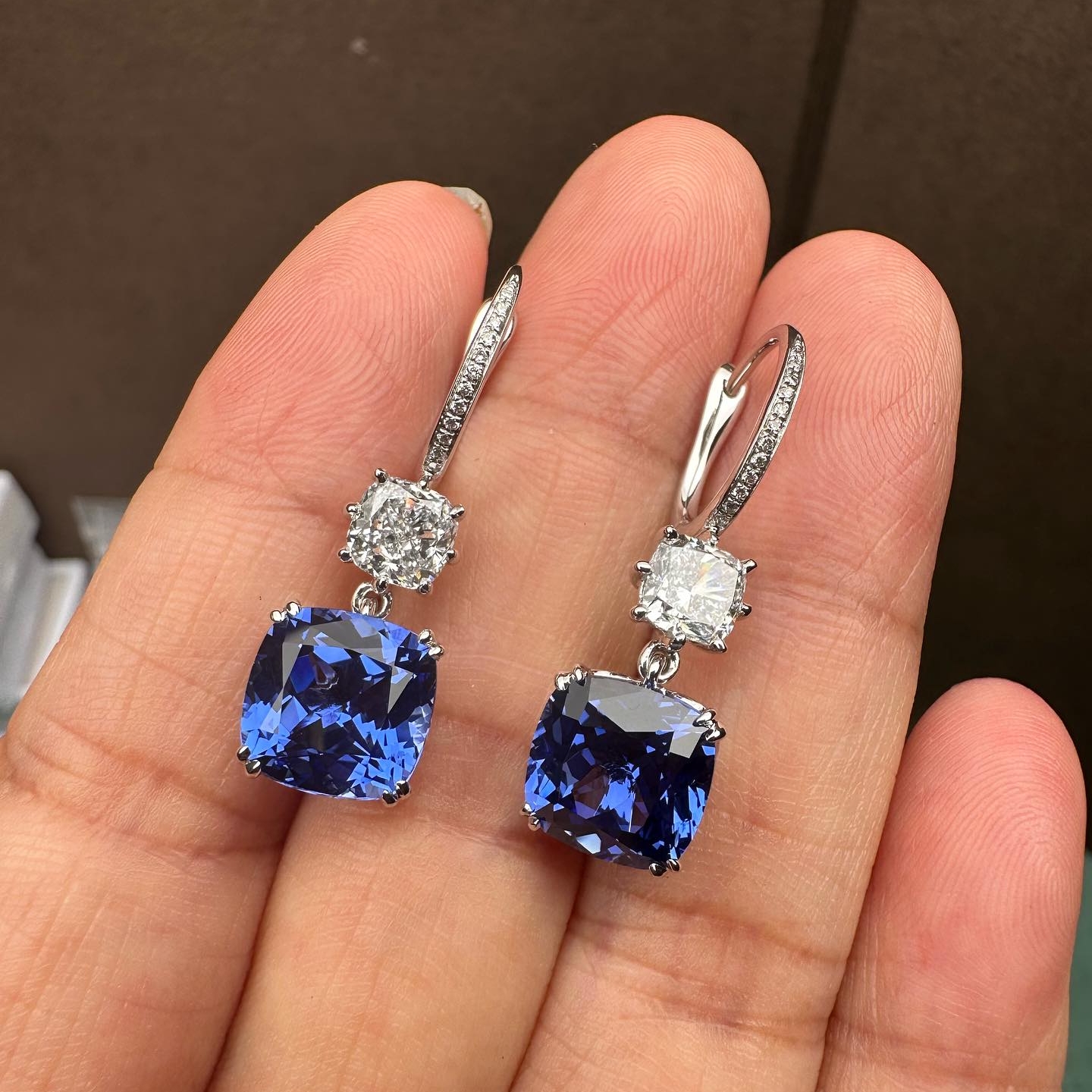 Cushion Cut Blue Sapphire Huggie Drop Earrings