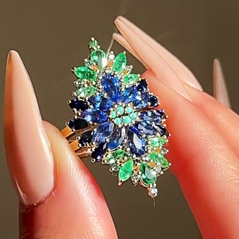 7.25ct Floral Multi-Cut Emerald&Blue Sapphire Ring Set